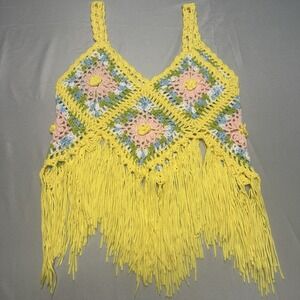 WoWo Crochet Yellow Granny Square Boho Flower Child Fairy Cottage Whimsi Retro